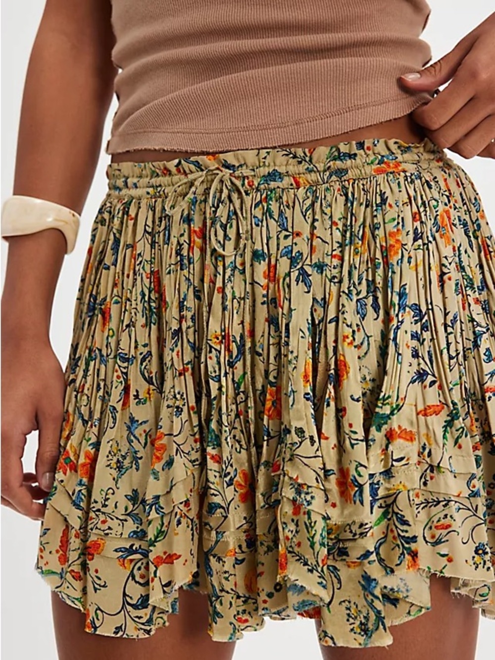 Tiered Floral Mini Skirt in Beige
